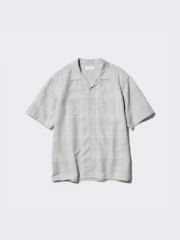 Cotton Linen Open Collar Shirt | Short Sleeve | Checked